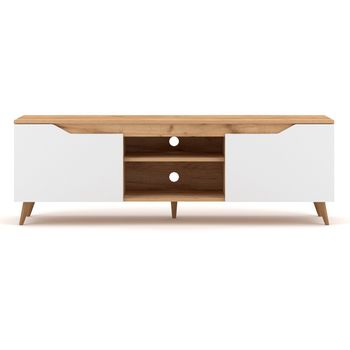 Mueble De Tv 2 Puertas Y 2 Baldas 157 Cm - Acabado Madera Y Blanco - L 157  X A 40  X H 52  Cm