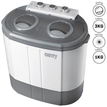 Mini Lavadora Centrifugadora Portátil, 3kg Lavado, 2 Compartimentos, Programa Lavado 15m Blanco/gris 190 W Camry Cr 8052