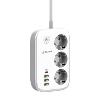 Regleta Inteligente Wifi Tellur, 3 Tomas, 2*usb 2.4a, Pd30w, Qc18w, 2500w, 10a, 2m