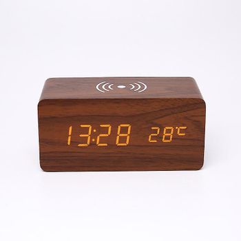 Reloj Despertador De Madera Con Carga Inalámbrica, Ceramarble Furni, Reloj Digital De Pantalla Led De Cuero Marrón