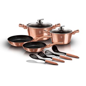 Batería Cocina Inducción 10 Piezas, Antiadherente Mármol Sin Pfoa, Aluminio, Cazuelas Sartenes Oro Rosado  Berlinger Haus Rose Gold