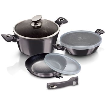 Batería De Cocina Aluminio Forjado Antiadherente Sin Pfoa, Set 2 Cacerolas, 1 Sartén, Tapas Gris Oscuro  Berlinger Haus Carbon Pro