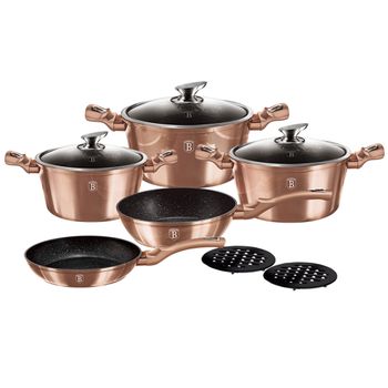 Batería Cocina Inducción 10 Piezas, Antiadherente Mármol Sin Pfoa, Aluminio, Cazuelas Sartenes Oro Rosado  Berlinger Haus Rose Gold