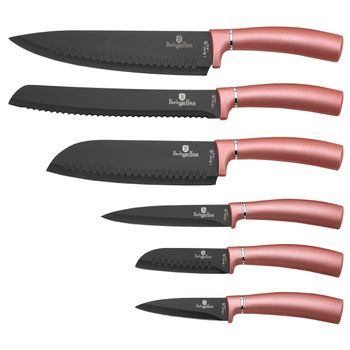 Juego 6 Cuchillos Cocina Profesional, Hoja Acero Inoxidable, Cocinero, Cebollero, Pan, Santoku Rosa  Berlinger Haus I-rose