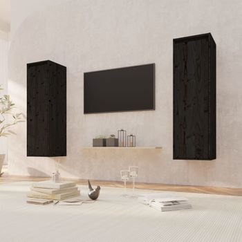 Pack 2 Uds Armarios De Pared | Mueble Pared Madera Maciza Pino Negro 30x30x100 Cm Cfw741847