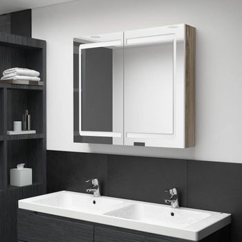 Armario De Baño | Mueble Baño Con Espejo Led Blanco Y Roble 80x12x68 Cm Cfw739877