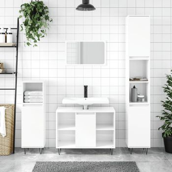 Armario De Baño | Mueble Baño Madera Contrachapada Blanco Brillo 30x30x100 Cm Cfw739992