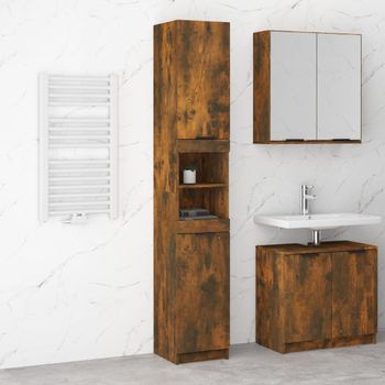 Armario De Baño | Mueble Baño Madera Ingeniería Roble Ahumado 32x34x188,5 Cm Cfw740182