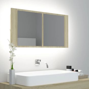 Armario Espejo De Baño | Mueble Baño Led Acrílico Roble Sonoma 90x12x45 Cm Cfw741319