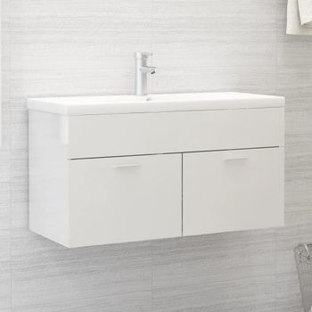 Armario De Almacenamiento | Armario Para Lavabo Contrachapada Blanco Brillo 90x38,5x46 Cm Cfw741473