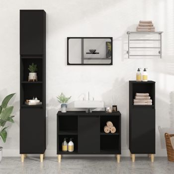 Armario De Almacenamiento | Armario Para Lavabo Madera Contrachapada Negro 80x33x60 Cm Cfw741514