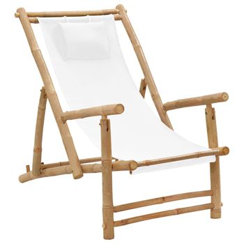 Sillón De Salón | Silla De Playa De Bambú Y Lona Blanco Crema Cfw790083