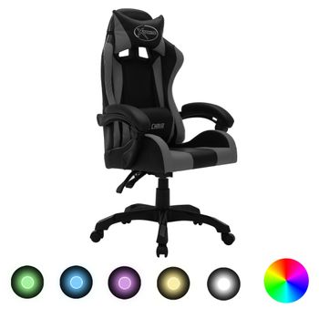 Silla Gaming | Silla De Oficina | Silla Gamer Ergonomica Con Luces Led Rgb Cuero Sintético Gris Y Negro Cfw790208