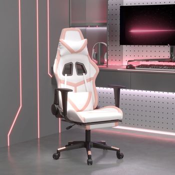 Silla Gaming | Silla De Oficina | Silla Gamer Ergonomica Con Reposapiés Cuero Sintético Blanco Y Rosa Cfw790233