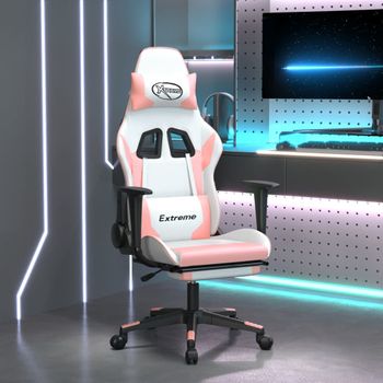 Silla Gaming | Silla De Oficina | Silla Gamer Ergonomica Con Reposapiés Cuero Sintético Blanco Y Rosa Cfw790234