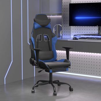 Silla Gaming | Silla De Oficina | Silla Gamer Ergonomica Con Reposapiés Cuero Sintético Negro Azul Cfw790241