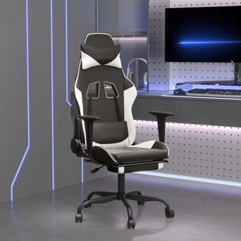 Silla Gaming | Silla De Oficina | Silla Gamer Ergonomica Con Reposapiés Cuero Sintético Negro Blanco Cfw790245