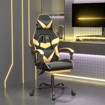 Silla Gaming | Silla De Oficina | Silla Gamer Ergonomica Con Reposapiés Cuero Sintético Negro Dorado Cfw790257