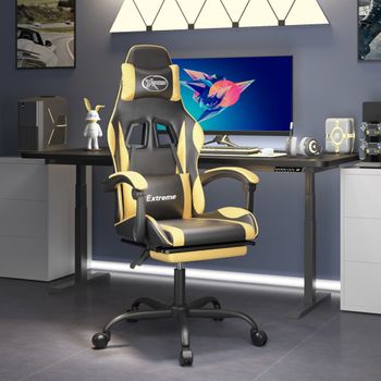 Silla Gaming | Silla De Oficina | Silla Gamer Ergonomica Con Reposapiés Cuero Sintético Negro Dorado Cfw790258