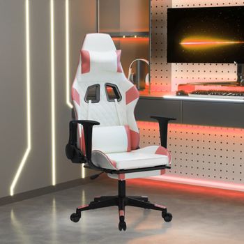 Silla Gaming Masaje | Silla De Oficina | Silla Gamer Ergonomica Y Reposapiés Cuero Sintético Blanco Y Rosa Cfw790496