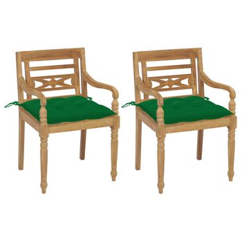 Pack 2 Uds Sillón De Salón | Sillas Batavia Teca Maciza Con Cojines Verde Cfw790724