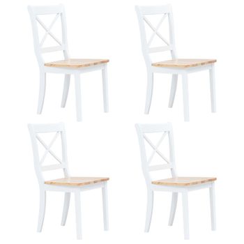 Pack 4 Uds Sillas Comedor | Silla De Cocina | Mueble De Comedor Madera Maciza Caucho Blanco Y Madera Claro Cfw790801