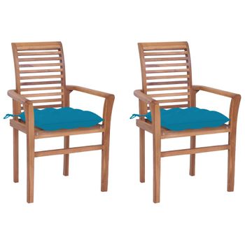 Pack 2 Uds Sillas De Comedor | Silla De Cocina | Mueble De Comedor Madera De Teca Con Cojines Azul Claro Cfw790896