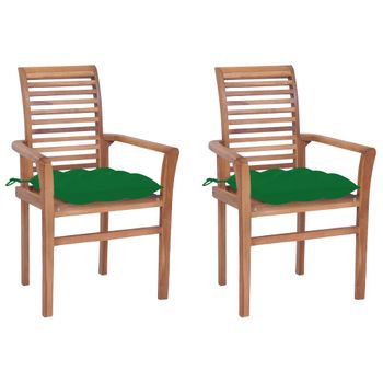 Pack 2 Uds Sillas De Comedor | Silla De Cocina | Mueble De Comedor Madera Maciza De Teca Con Cojines Verde Cfw790911