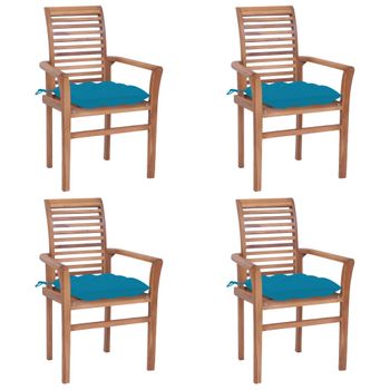 Pack 4 Uds Sillas De Comedor | Silla De Cocina | Mueble De Comedor Madera De Teca Con Cojines Azul Claro Cfw791064