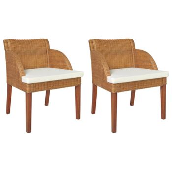 Pack 2 Uds Sillas De Comedor | Silla De Cocina | Mueble De Comedor Con Cojines Ratán Natural Marrón Claro Cfw791224