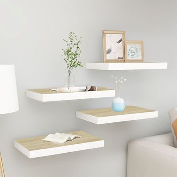 Pack 4 Uds Estante De Pared | Estante Flotante | Repisa De Pared Mdf Roble Y Blanco 40x23x3,8 Cm Cfw759688