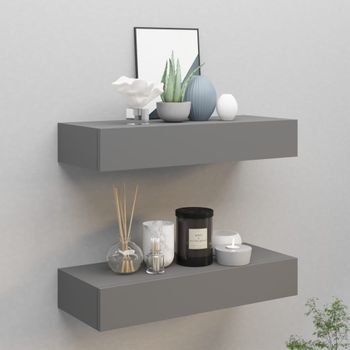 Pack 2 Uds Estantes De Pared | Estante Flotante | Repisa De Pared Con Cajón Mdf Gris 60x23,5x10 Cm Cfw762097