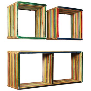 Set Pack 3 Uds Estantería De Pared | Estante Flotante | Repisa De Pared Teca Maciza Reciclada Multicolor Cfw789548