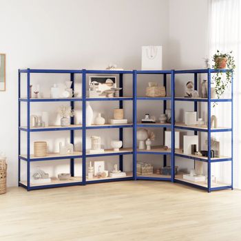 Pack 4 Uds Estanteria | Librería Industrial | Estante 5 Niveles Acero Y Madera Contrachapada Azul Cfw760136