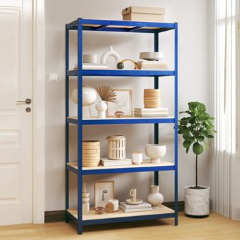 Estanteria | Librería Industrial | Estante Almacenaje 5 Niveles Azul Madera Contrachapada Acero Cfw760183