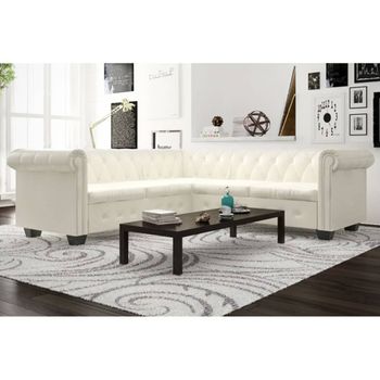 Sofá Chesterfield 5 Plazas | Sofá De Salón | Sofá De Descanso De Cuero Artificial Blanco Cfw77415