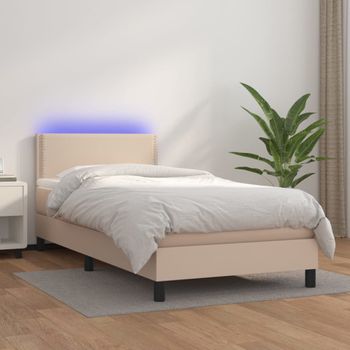 Cama Individual | Cama Para Adultos | Cama Box Spring Colchón Led Cuero Sintético Capuchino 100x200cm Cfw2847952