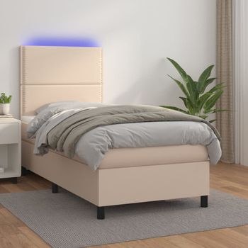 Cama Individual | Cama Para Adultos | Cama Box Spring Colchón Led Cuero Sintético Capuchino 100x200cm Cfw9729950