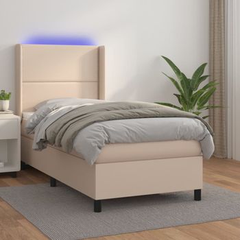 Cama Individual | Cama Para Adultos | Cama Box Spring Colchón Led Cuero Sintético Capuchino 100x200cm Cfw7697218