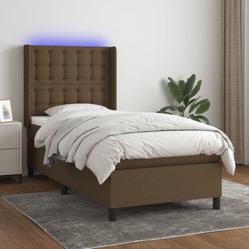 Cama Individual | Cama Para Adultos | Cama Box Spring Colchón Luces Led Tela Marrón Oscuro 100x200cm Cfw4046444