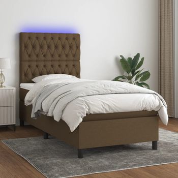 Cama Individual | Cama Para Adultos | Cama Box Spring Colchón Luces Led Tela Marrón Oscuro 100x200cm Cfw5111531