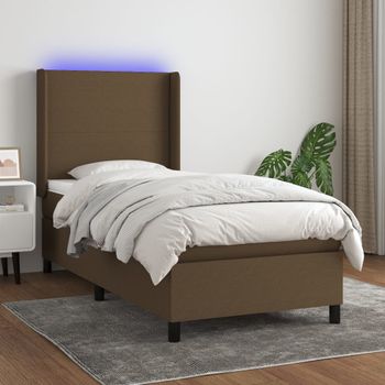 Cama Individual | Cama Para Adultos | Cama Box Spring Colchón Luces Led Tela Marrón Oscuro 100x200cm Cfw3495546