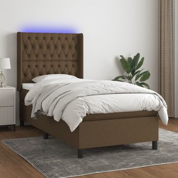 Cama Individual | Cama Para Adultos | Cama Box Spring Colchón Luces Led Tela Marrón Oscuro 100x200cm Cfw5205713