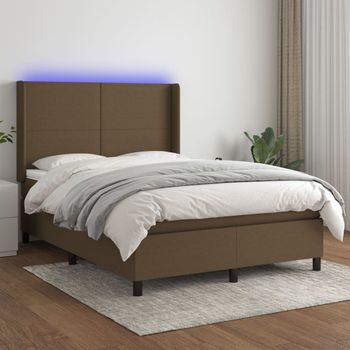 Cama Doble | Cama Para Adultos | Cama Box Spring Colchón Luces Led Tela Marrón Oscuro 140x190 Cm Cfw2205412