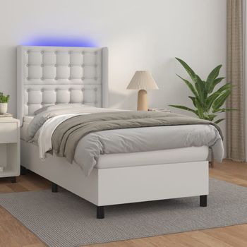 Cama Individual | Cama Para Adultos | Cama Box Spring Colchón Y Led Cuero Sintético Blanco 100x200 Cm Cfw6965070