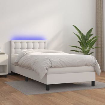 Cama Individual | Cama Para Adultos | Cama Box Spring Colchón Y Led Cuero Sintético Blanco 100x200 Cm Cfw6225513