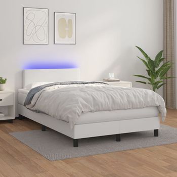 Cama Doble | Cama Para Adultos | Cama Box Spring Colchón Y Led Cuero Sintético Blanco 120x200 Cm Cfw5909612