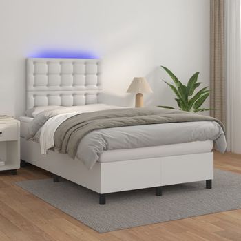 Cama Doble | Cama Para Adultos | Cama Box Spring Colchón Y Led Cuero Sintético Blanco 120x200 Cm Cfw7590113