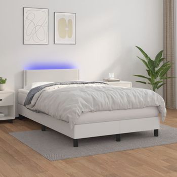 Cama Doble | Cama Para Adultos | Cama Box Spring Colchón Y Led Cuero Sintético Blanco 120x200 Cm Cfw2170489