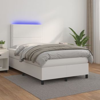 Cama Doble | Cama Para Adultos | Cama Box Spring Colchón Y Led Cuero Sintético Blanco 120x200 Cm Cfw7400492